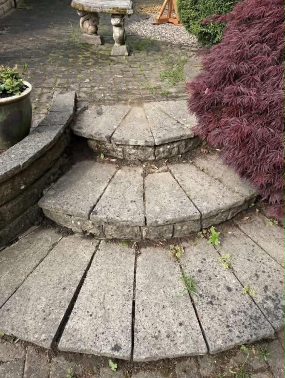 Garden steps with weeds and dirt in the joints, before cleaning